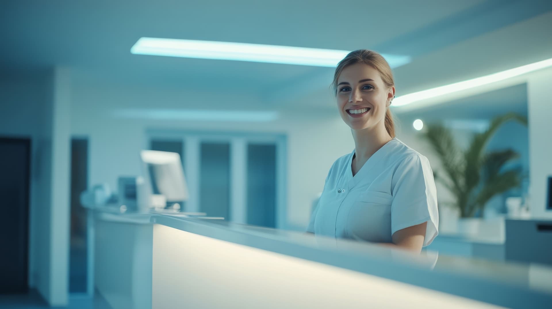 Professionelle Pflegekraft am modernen Klinikempfang - zeitgemäße Arbeitsumgebung