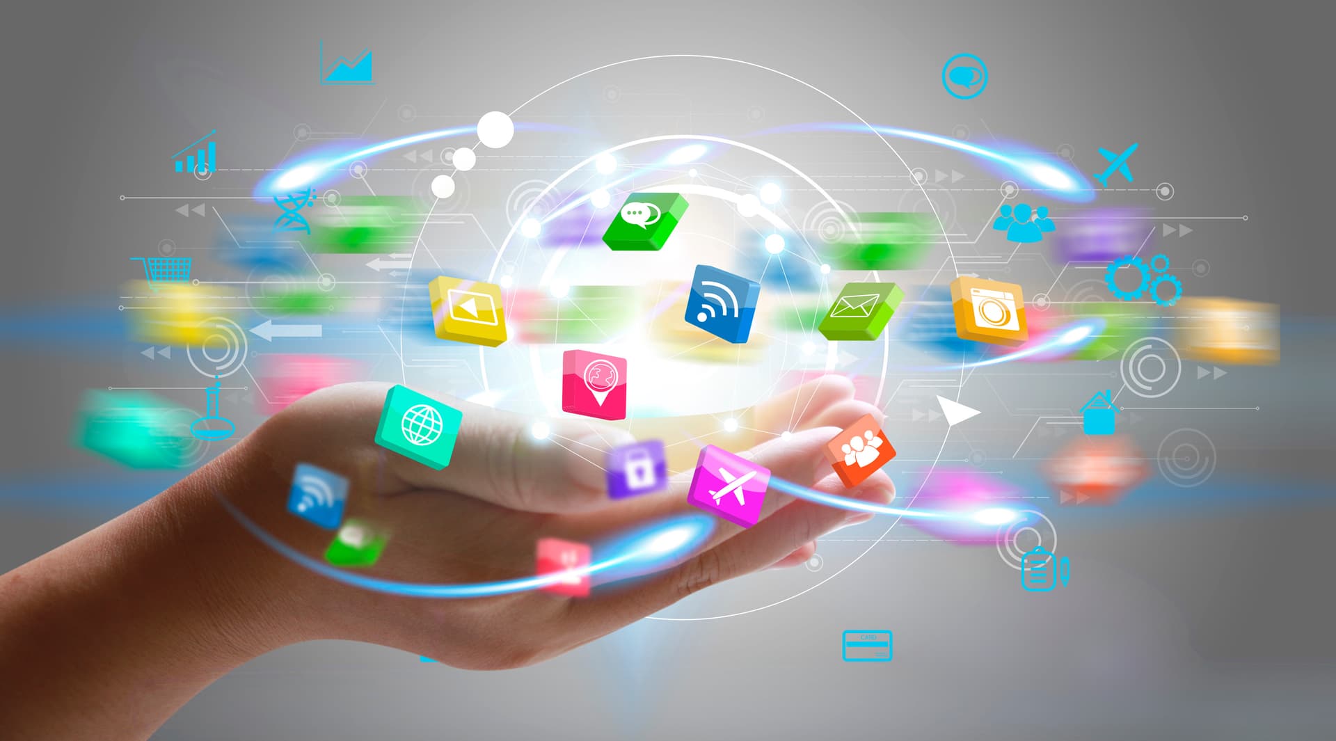 Facebook im Krankenhaus - Hand mit schwebenden App-Icons symbolisiert digitale Vernetzung