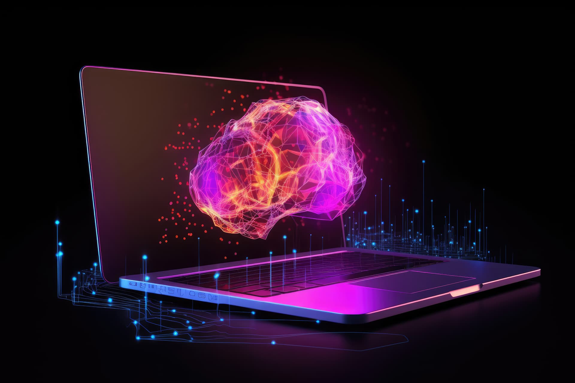 Klinikmarketing und Gesundheitsmarketing im AI-Zeitalter - Futuristisches AI-Gehirn über Laptop