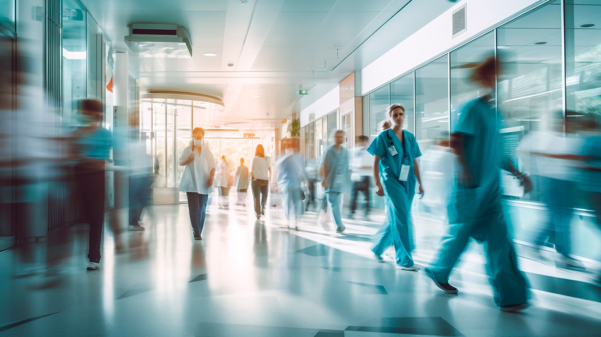 Dynamischer Krankenhauskorridor mit Pflegekräften in Aktion