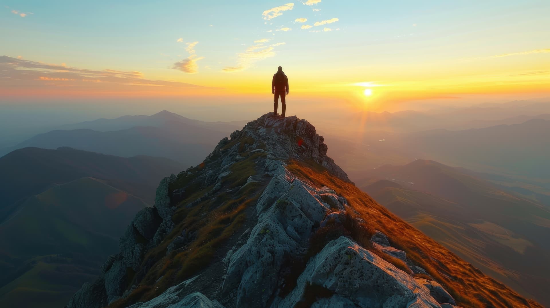 Positionierung Pflege: Person auf Berggipfel bei Sonnenaufgang – Symbol für klare strategische Positionierung und Zielerreichung in Pflegeeinrichtungen