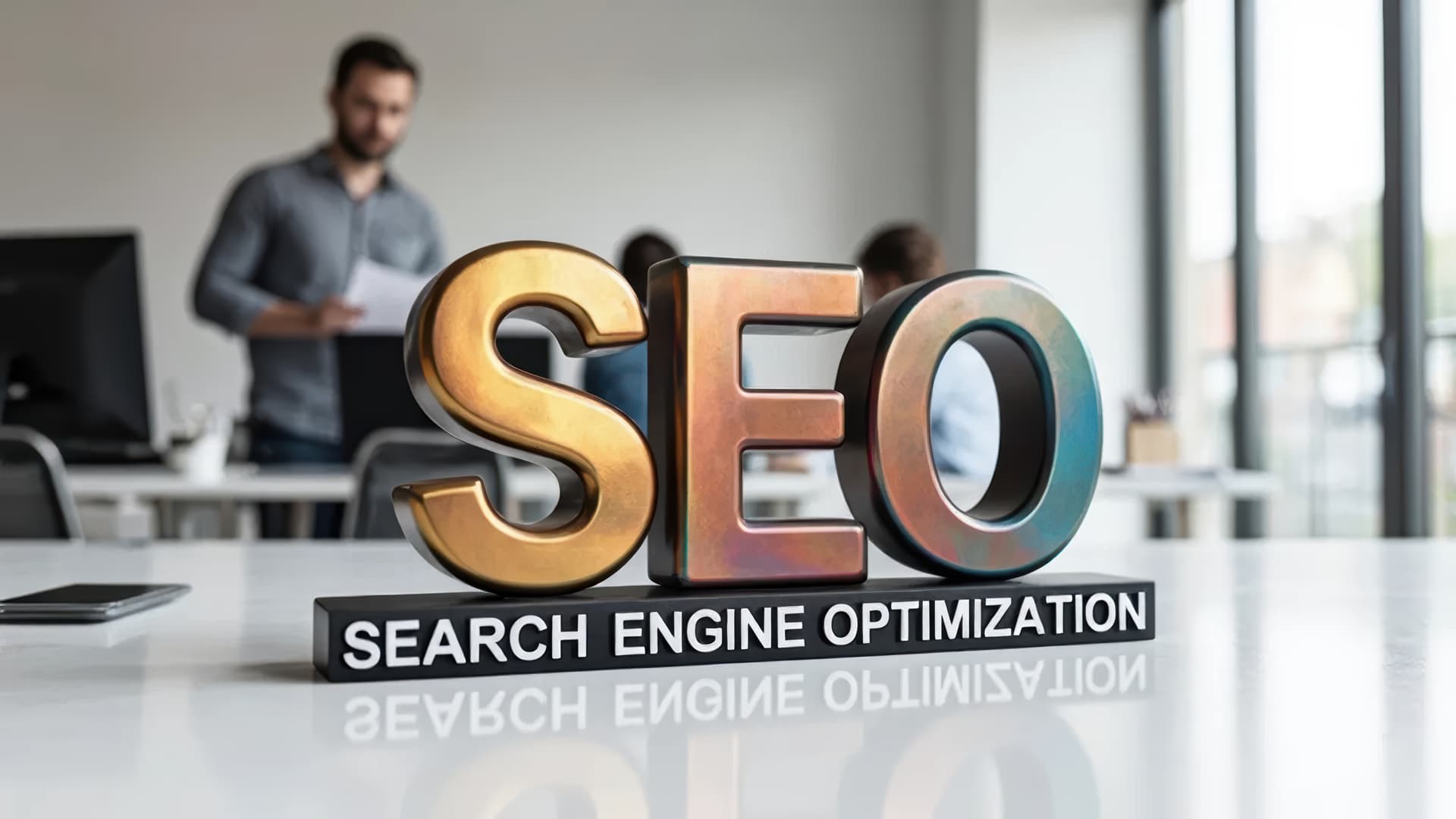 3D SEO Schriftzug symbolisiert moderne Suchmaschinenoptimierung im Gesundheitswesen