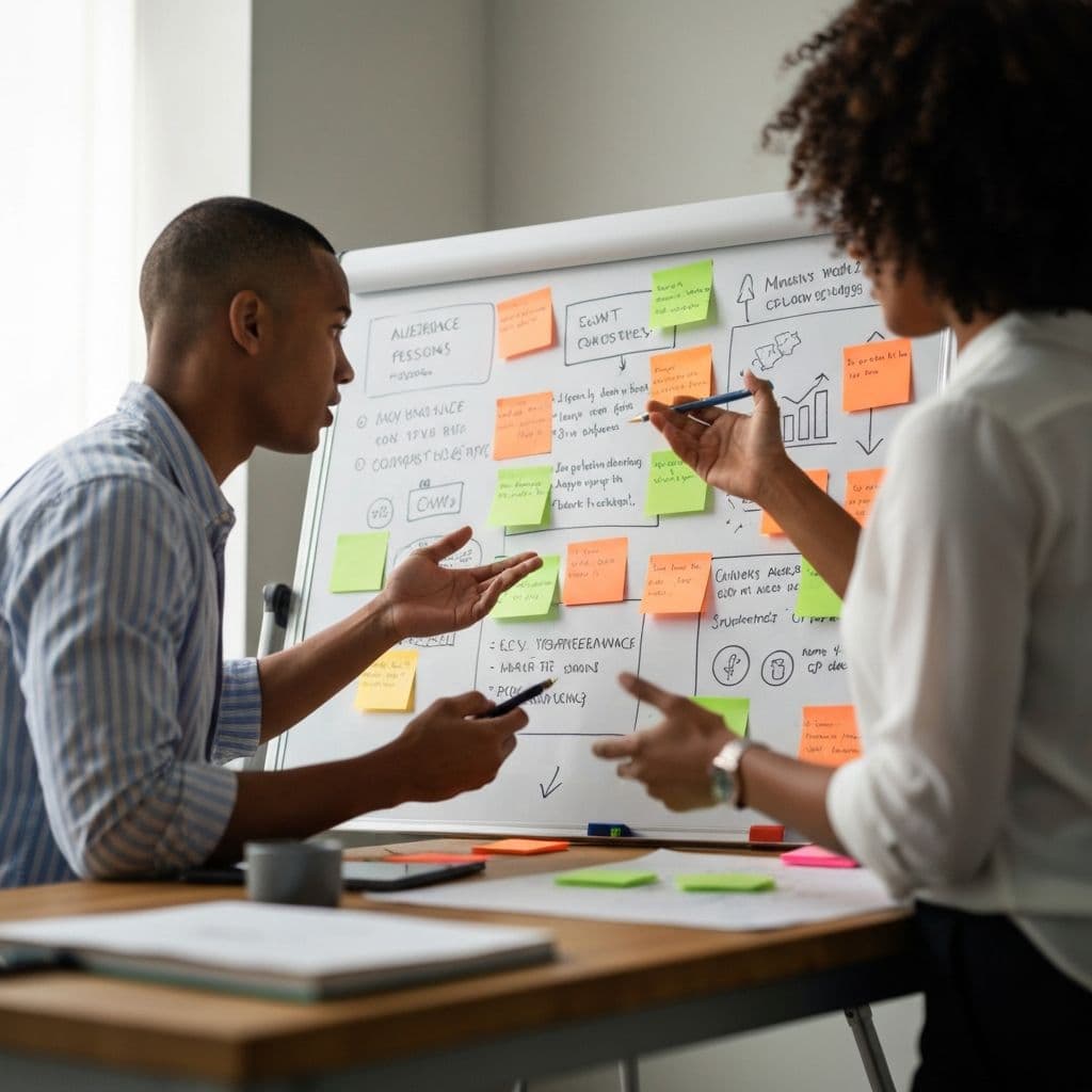 Content Marketing Strategie Workshop - Team entwickelt Content-Strategie für Pflegeeinrichtungen mit bunten Haftnotizen und kreativem Brainstorming