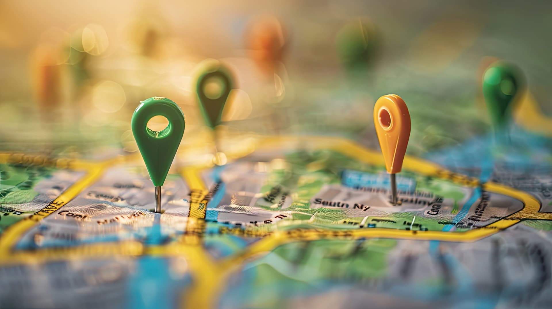 Lokale SEO für Pflegeeinrichtungen – Standort-Pins symbolisieren regionale Sichtbarkeit