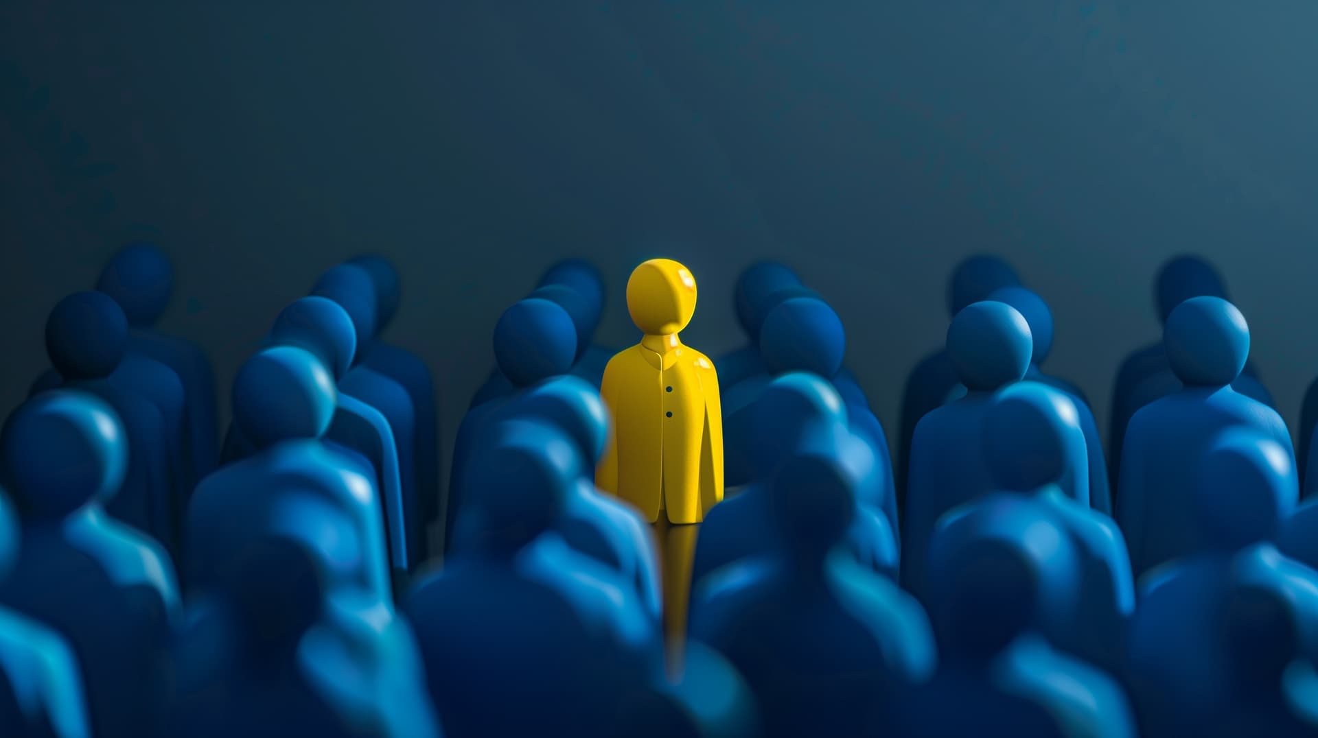 Gelbe Figur hebt sich von blauen Figuren ab - Symbol für Differenzierung im Klinikmarketing