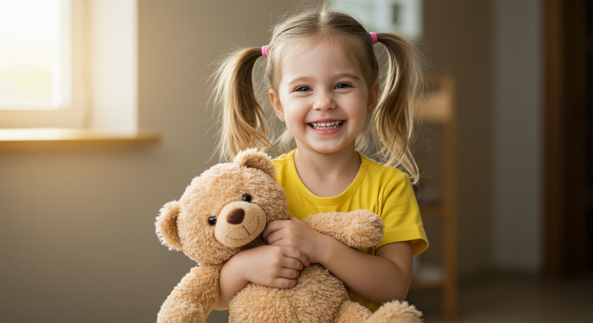 Fröhliches Mädchen mit Teddybär - die menschliche Seite der Gesundheitskommunikation