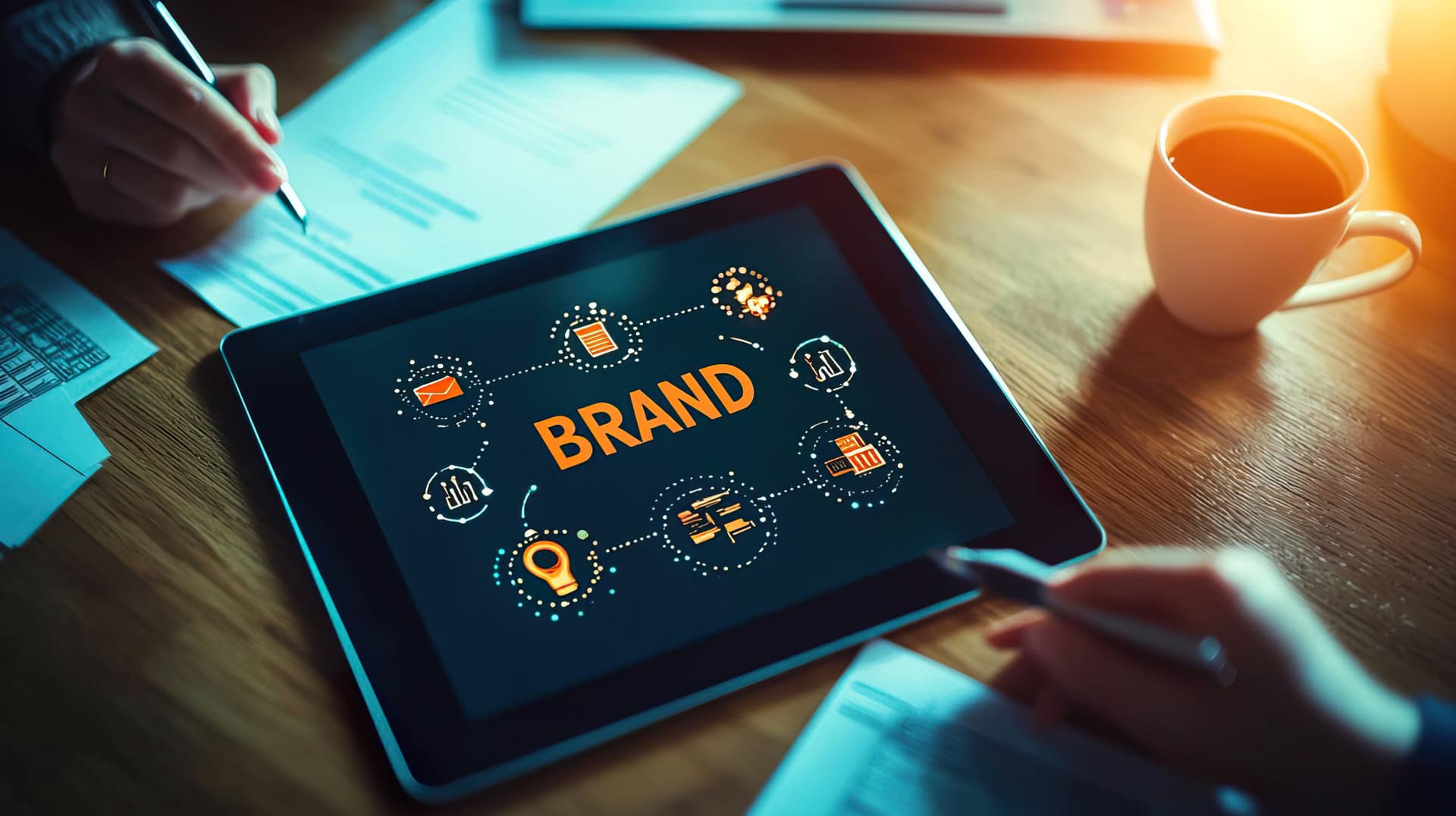 Marke und Design im Gesundheitswesen - Tablet zeigt Brand-Strategie mit Marketing-Icons auf Holztisch