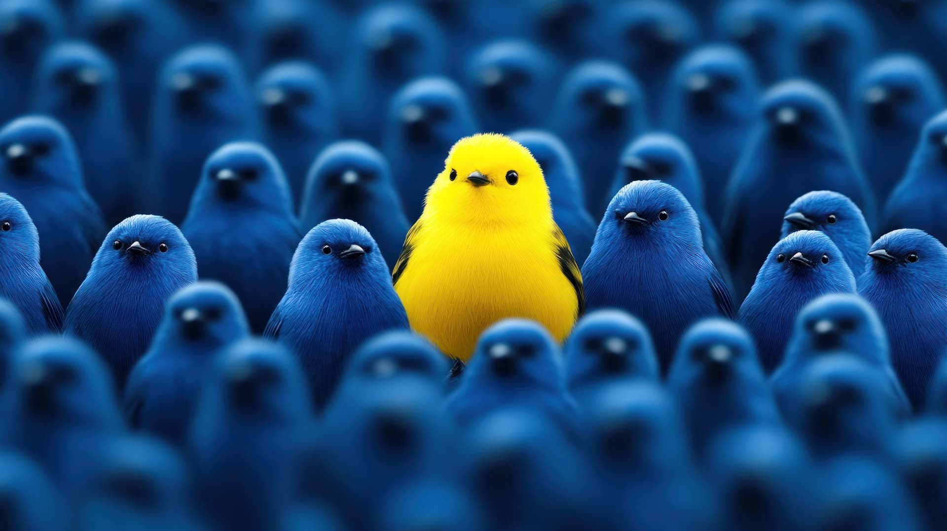 Ein gelber Vogel steht heraus inmitten blauer Vögel - Metapher für Differenzierung und Wirkung in der Pflege