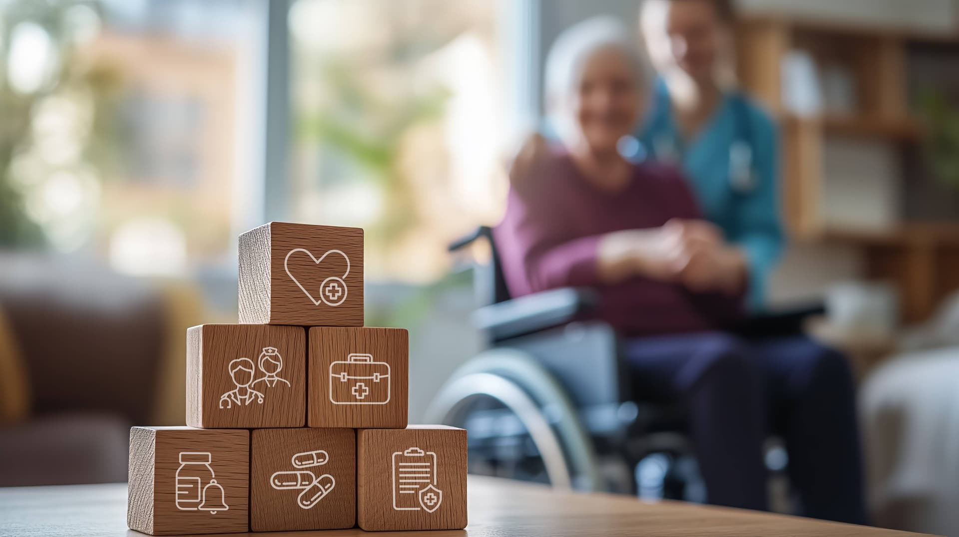 Stationäre Pflege - Holzwürfel mit Pflegesymbolen und Seniorin im Rollstuhl