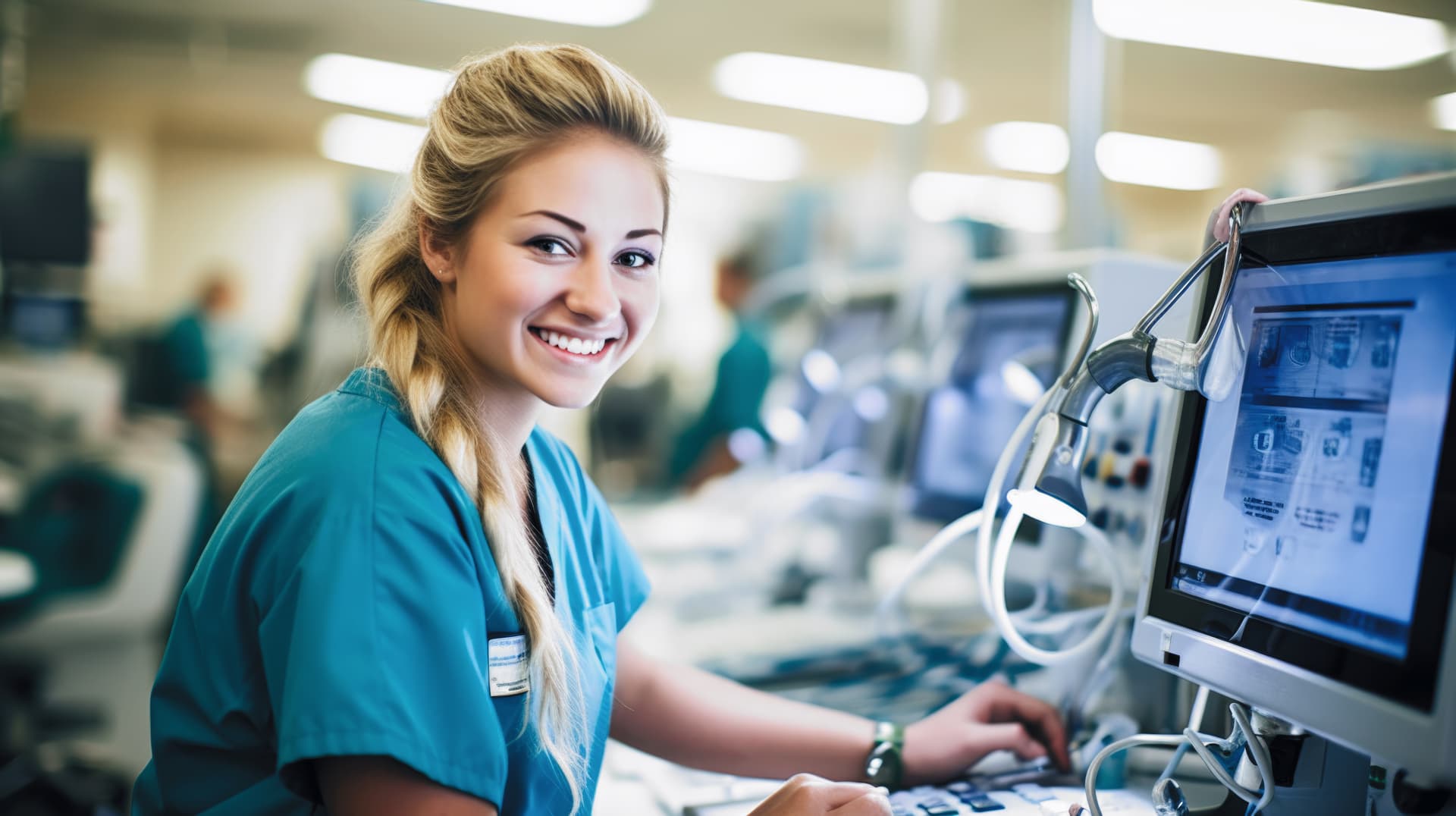 Lächelnde Pflegekraft arbeitet an modernem medizinischem Computer-System - Zeigt positive Integration von Technologie in der Pflege