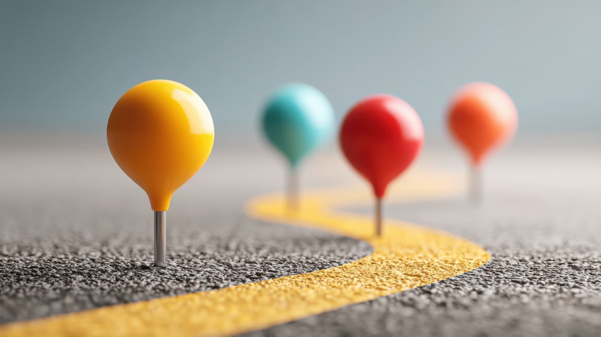 Bunte Wegmarkierungen auf Straße – Symbol für klare Positionierung und Richtungsweisung