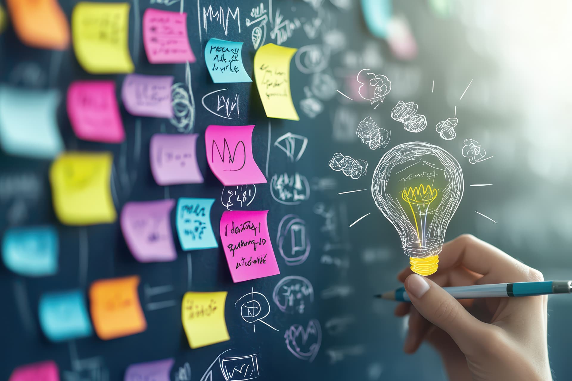 Ideenfindung im Workshop - Glühbirne vor Brainstorming-Board mit bunten Post-its