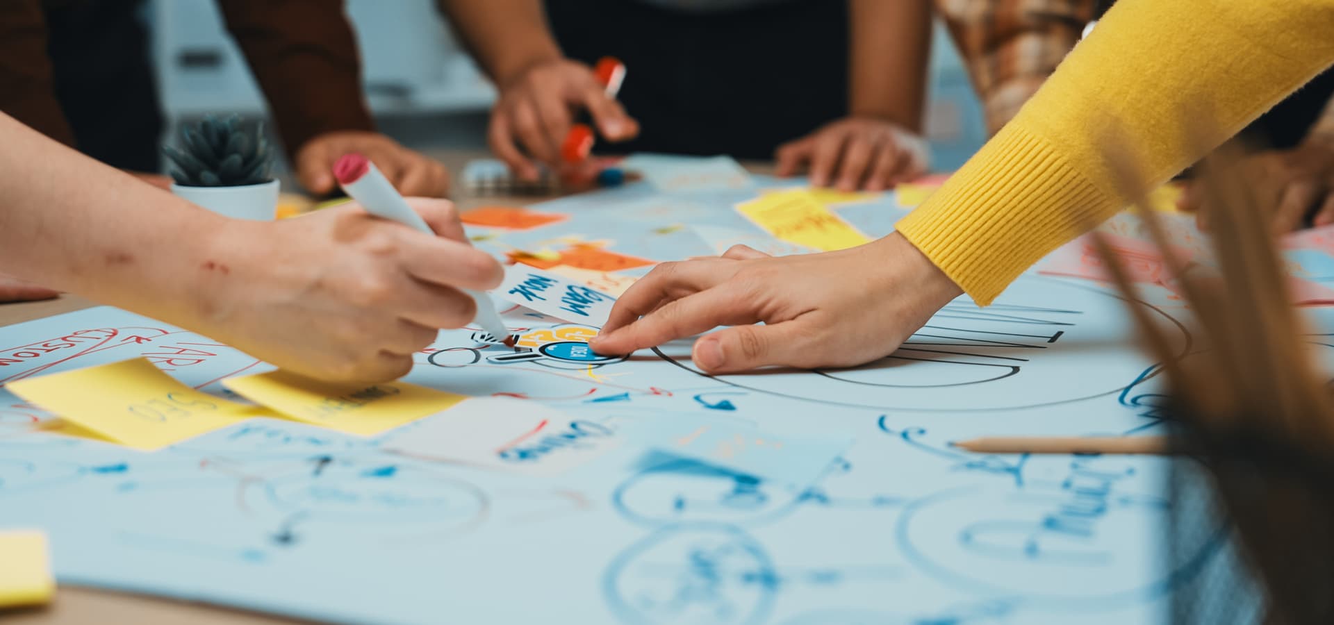 Kollaborative Workshop-Arbeit mit Post-its, Markern und Skizzen
